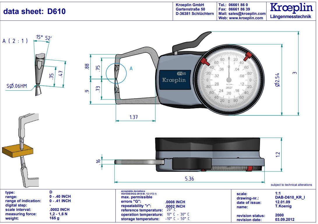 Kroeplin Metric External Caliper Gauge 0-.4", 0.0002", D610