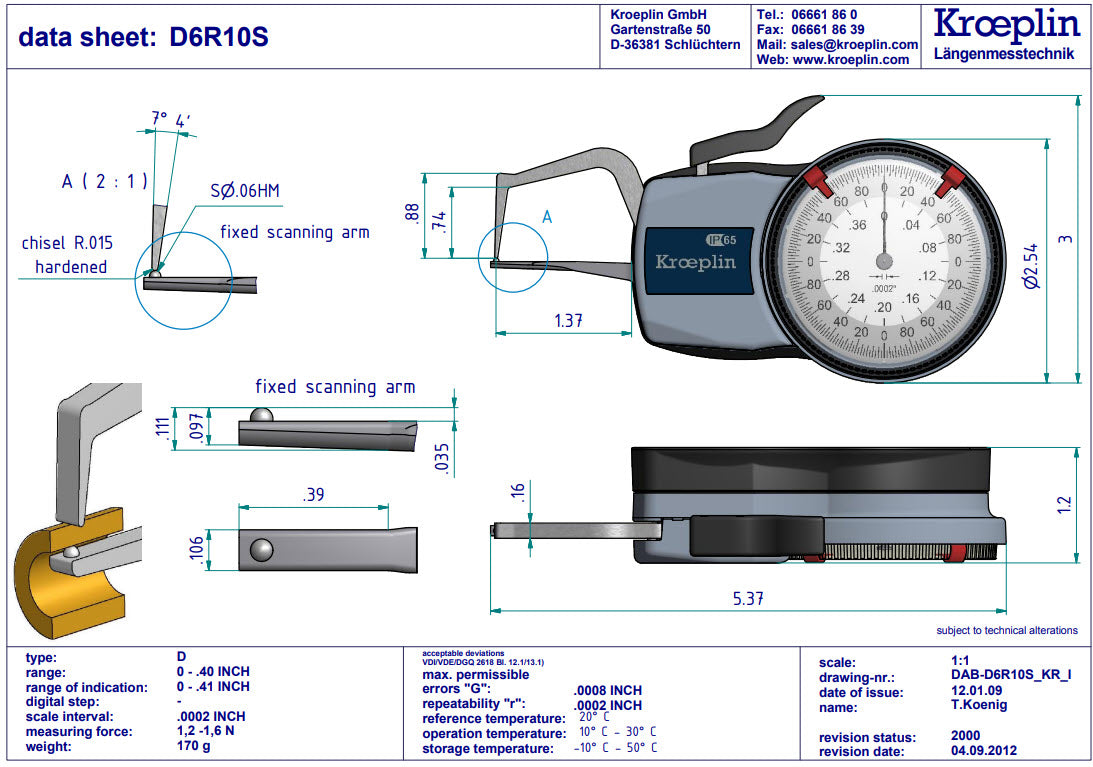 Mitutoyo External Dial Caliper Gauge D6R10S, 0-0.4"