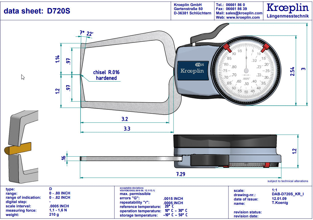 Mitutoyo External Dial Caliper Gauge D720S, 0-0.8"