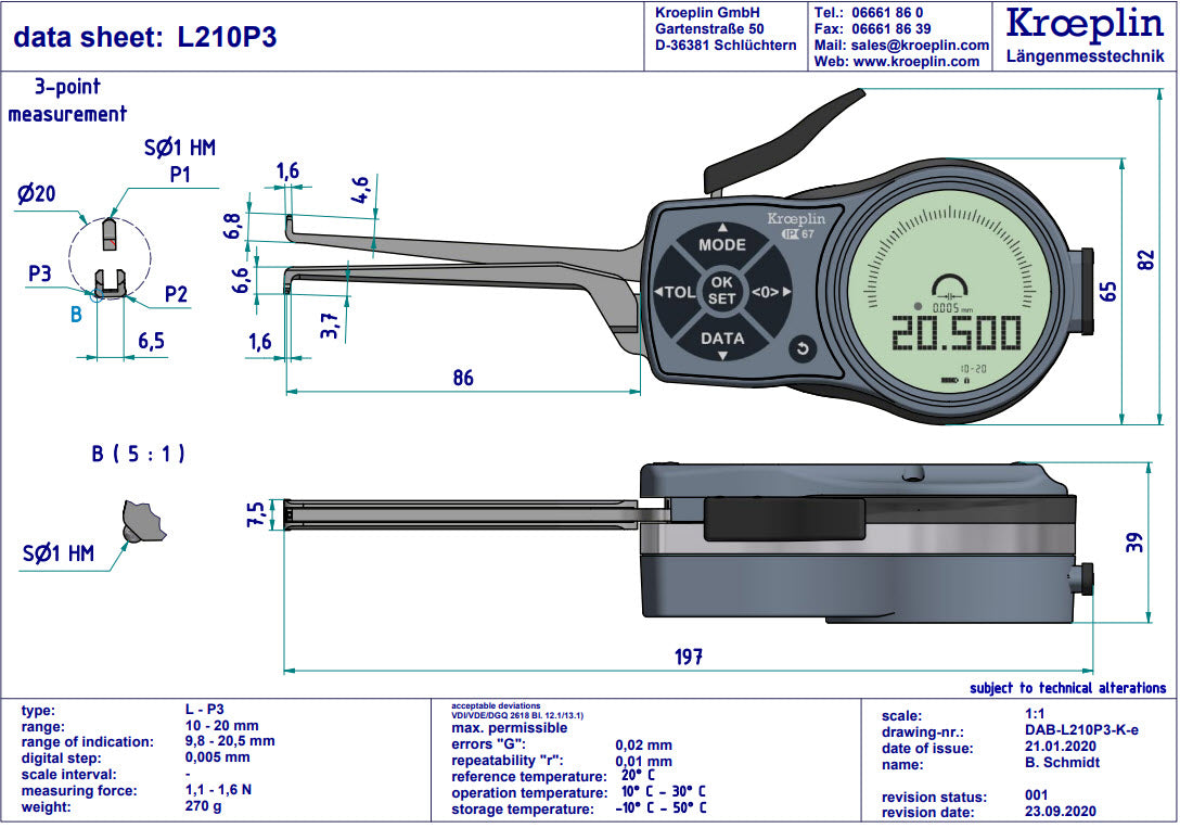 Digital Internal 3-Point Caliper Gauge 10-20mm, 0.001mm L210P3