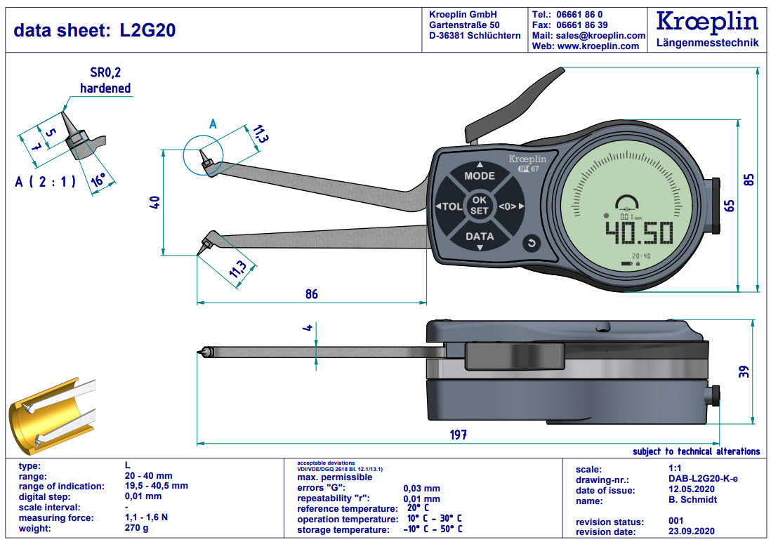 L2G20 electronic internal measuring gauge  Measuring range Meb: 20 – 40 mm Numerical interval Zw: 0,001 / 0,002 / 0,005 / 0,01 / 0,02 / 0,05mm Measuring depth L max.: 85 mm