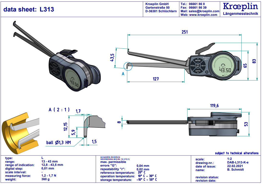 Digital Internal Caliper Gauge 13-43mm, 0.001mm L313