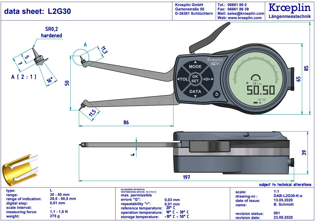 L2G30 electronic internal measuring gauge  Measuring range Meb: 30 – 50 mm Numerical interval Zw: 0,001 / 0,002 / 0,005 / 0,01 / 0,02 / 0,05mm Measuring depth L max.: 85 mm (Copy)