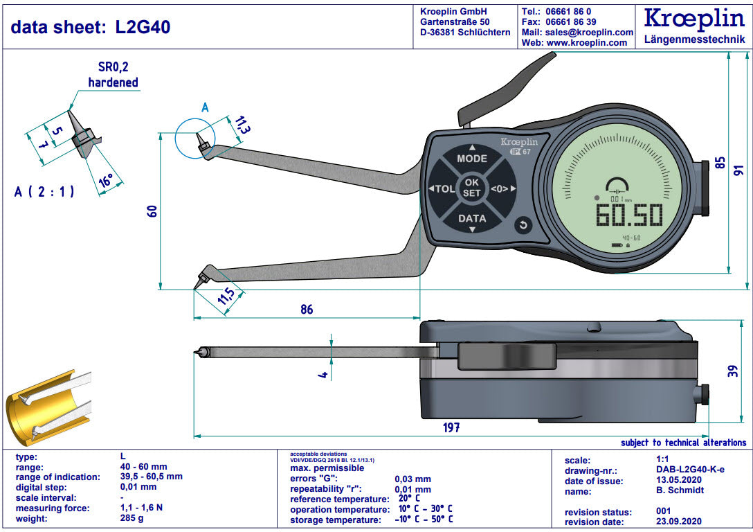 L2G40 electronic internal measuring gauge  Measuring range Meb: 40-60mm Numerical interval Zw: 0,001 / 0,002 / 0,005 / 0,01 / 0,02 / 0,05mm Measuring depth L max.: 85 mm