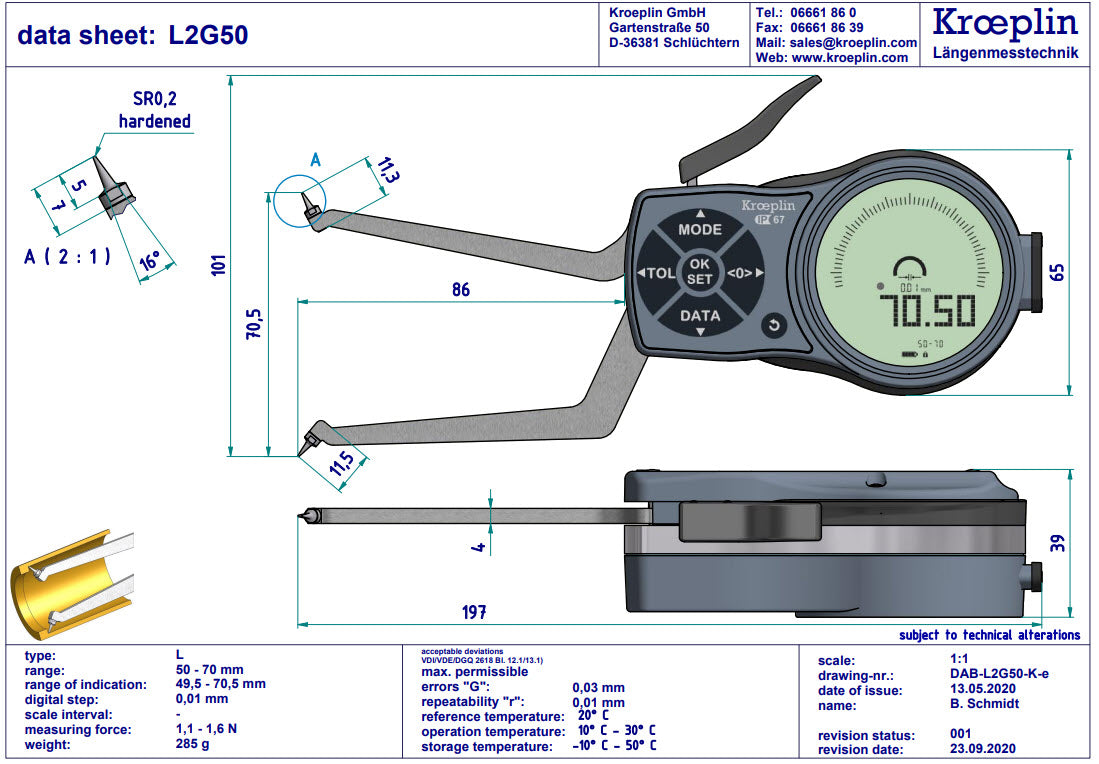 L2G50 electronic internal measuring gauge  Measuring range Meb: 50-70mm Numerical interval Zw: 0,001 / 0,002 / 0,005 / 0,01 / 0,02 / 0,05mm Measuring depth L max.: 85 mm