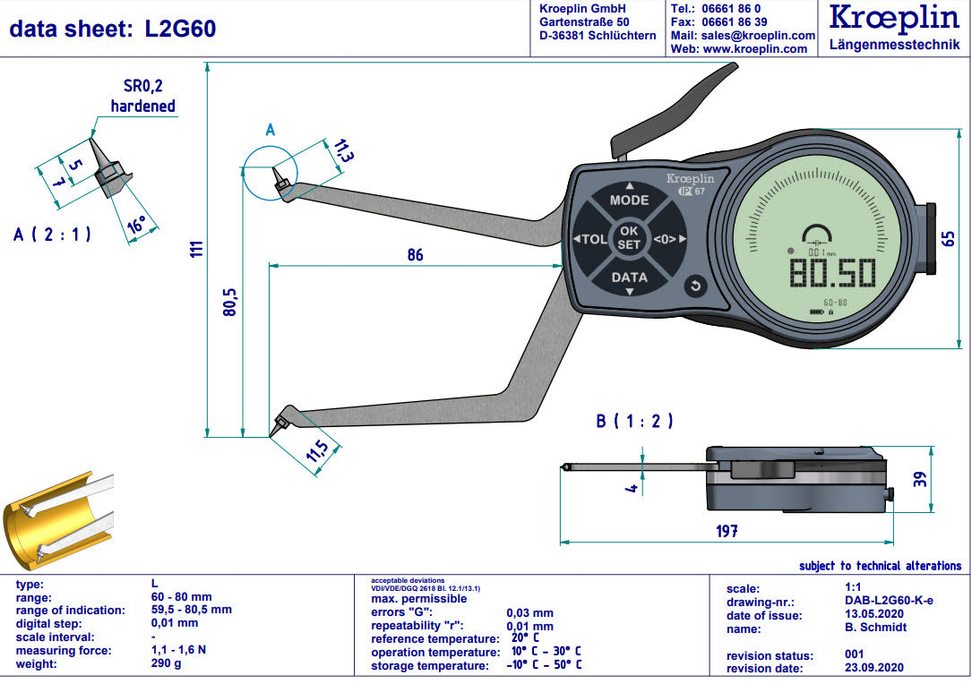 L2G60 electronic internal measuring gauge  Measuring range Meb: 60-80mm Numerical interval Zw: 0,001 / 0,002 / 0,005 / 0,01 / 0,02 / 0,05mm Measuring depth L max.: 85 mm