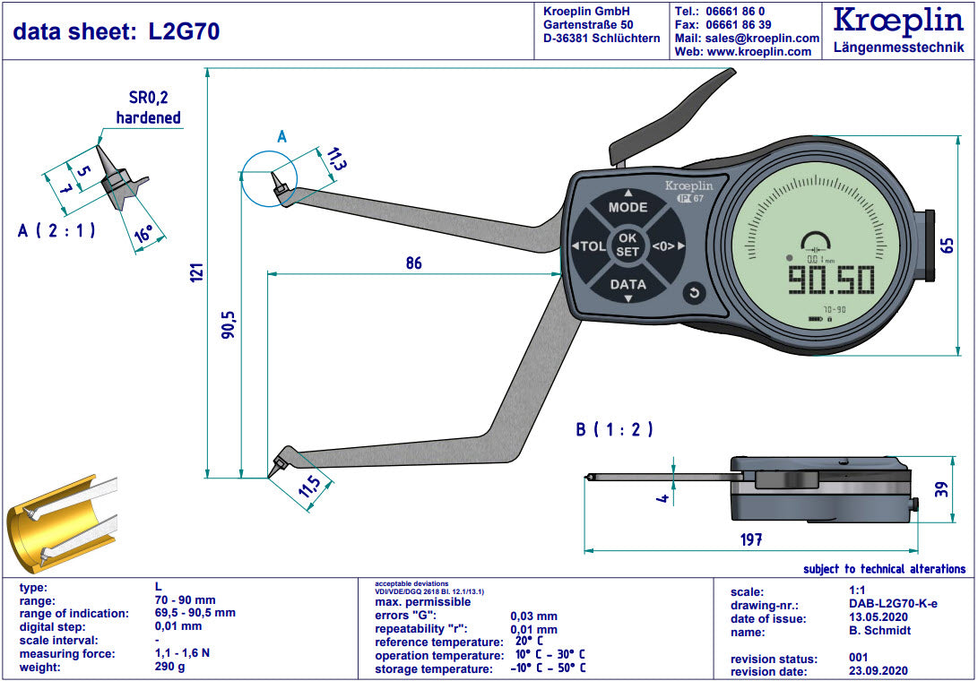 L2G70 electronic internal measuring gauge  Measuring range Meb: 70-90mm Numerical interval Zw: 0,001 / 0,002 / 0,005 / 0,01 / 0,02 / 0,05mm Measuring depth L max.: 85 mm