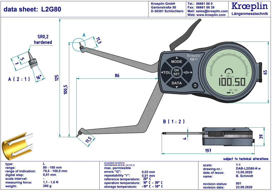 L2G80 electronic internal measuring gauge  Measuring range Meb: 80-100mm Numerical interval Zw: 0,001 / 0,002 / 0,005 / 0,01 / 0,02 / 0,05mm Measuring depth L max.: 85 mm