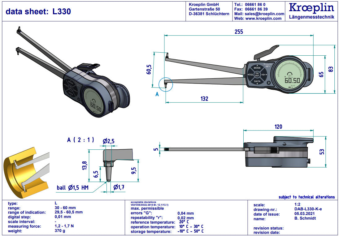 Digital Internal Caliper Gauge 30-60mm, 0.001mm L330