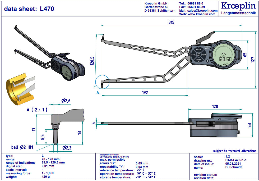 Digital Internal Caliper Gauge 70-120mm, 0.001mm, L470