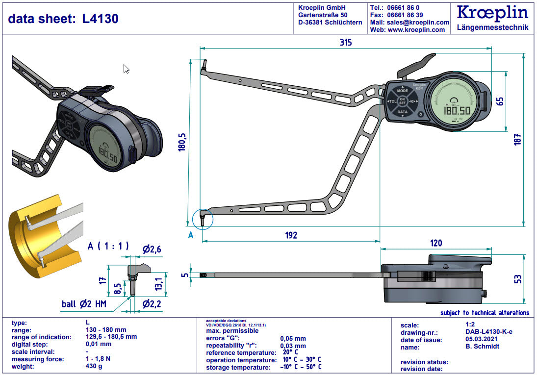 Digital Internal Caliper Gauge 130-180mm, 0.001mm, L4130