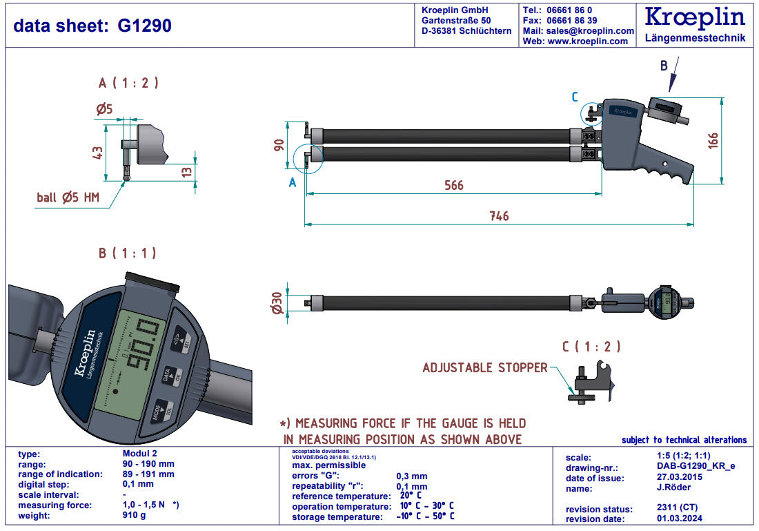 Digital Internal Caliper Gauge 90-190mm, 0.01mm