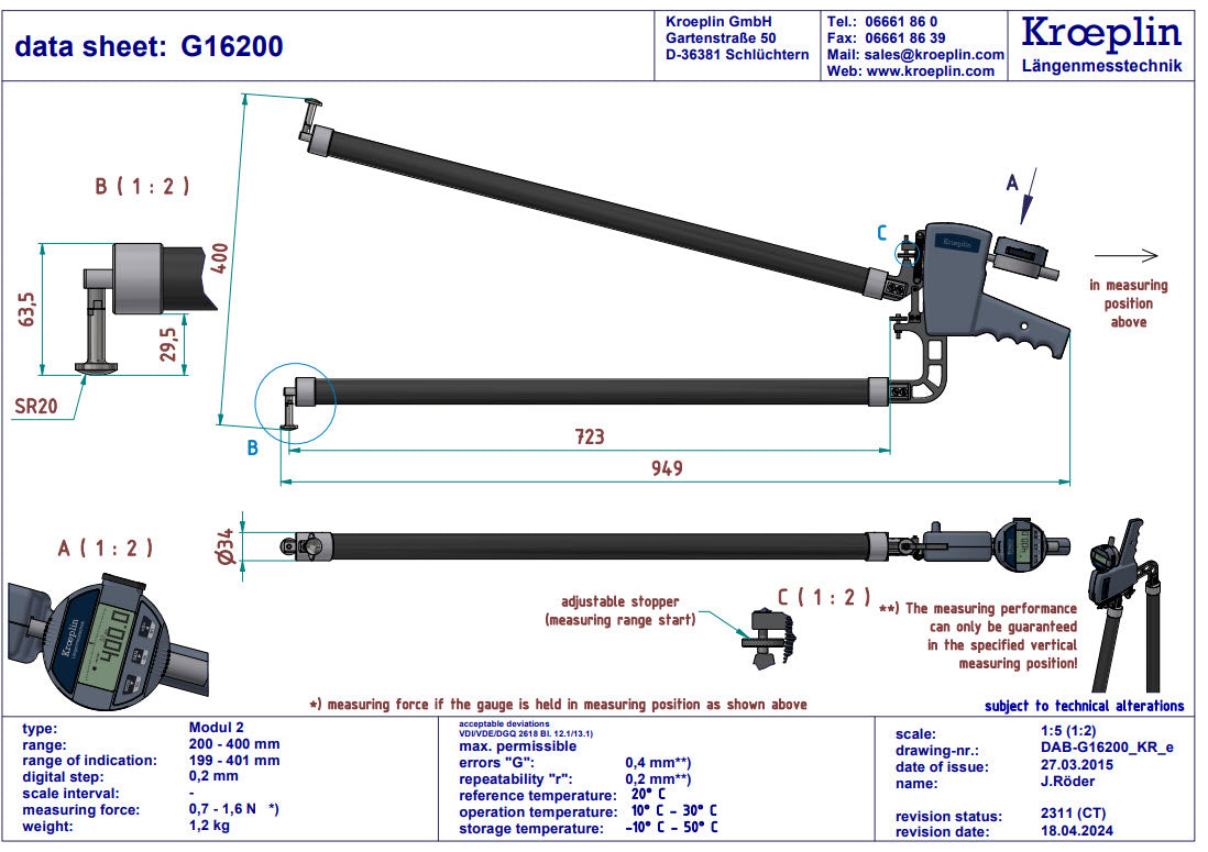 Digital Internal Caliper Gauge 200-400mm, 0.01mm, G16200,  Depth 746mm