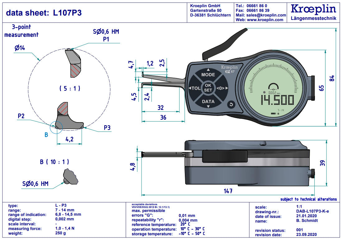 Digital Internal 3-Point Caliper Gauge 7-14mm, 0.001mm, L107P3