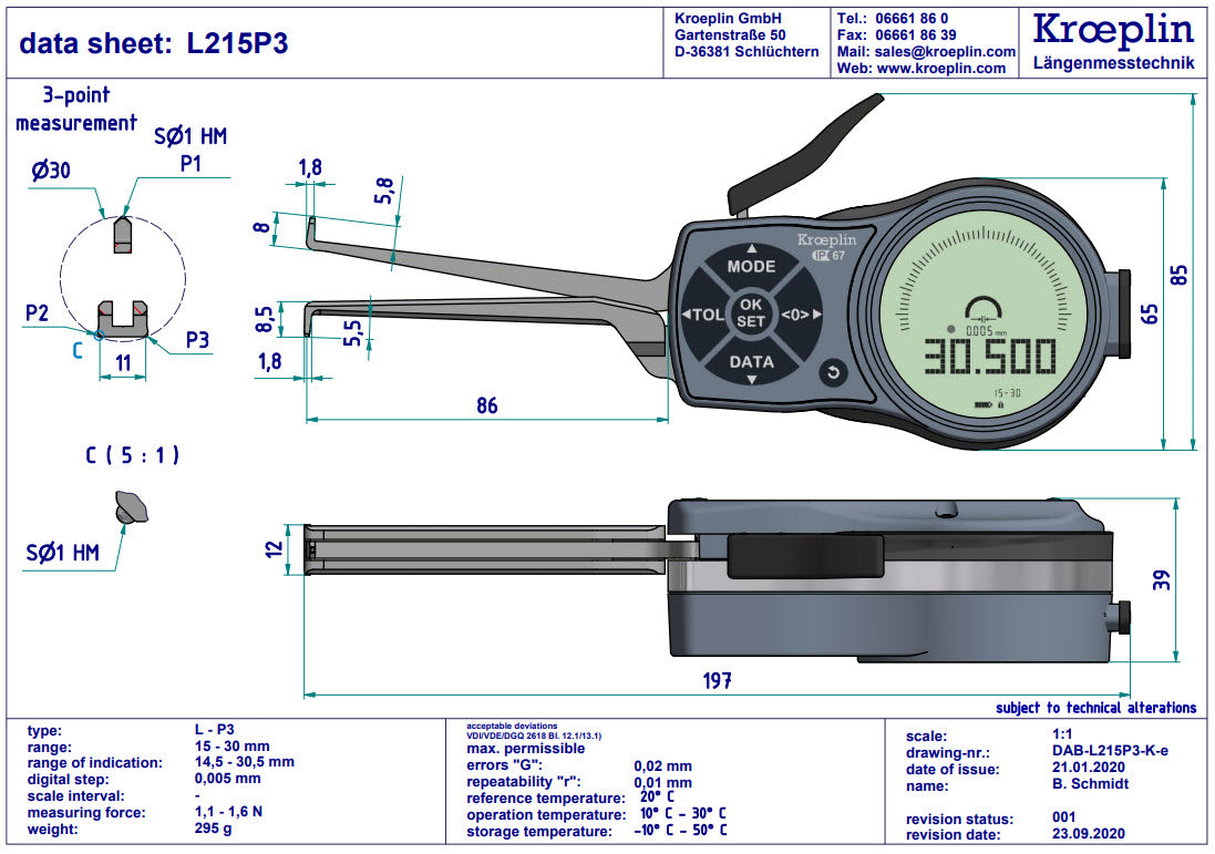 Digital Internal 3-Point Caliper Gauge 15-30mm, 0.001mm, L215P3