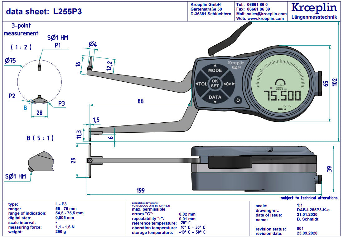 Digital Internal 3-Point Caliper Gauge 55-75mm/2.17-2.95", 0.001mm/.00005", L255P3