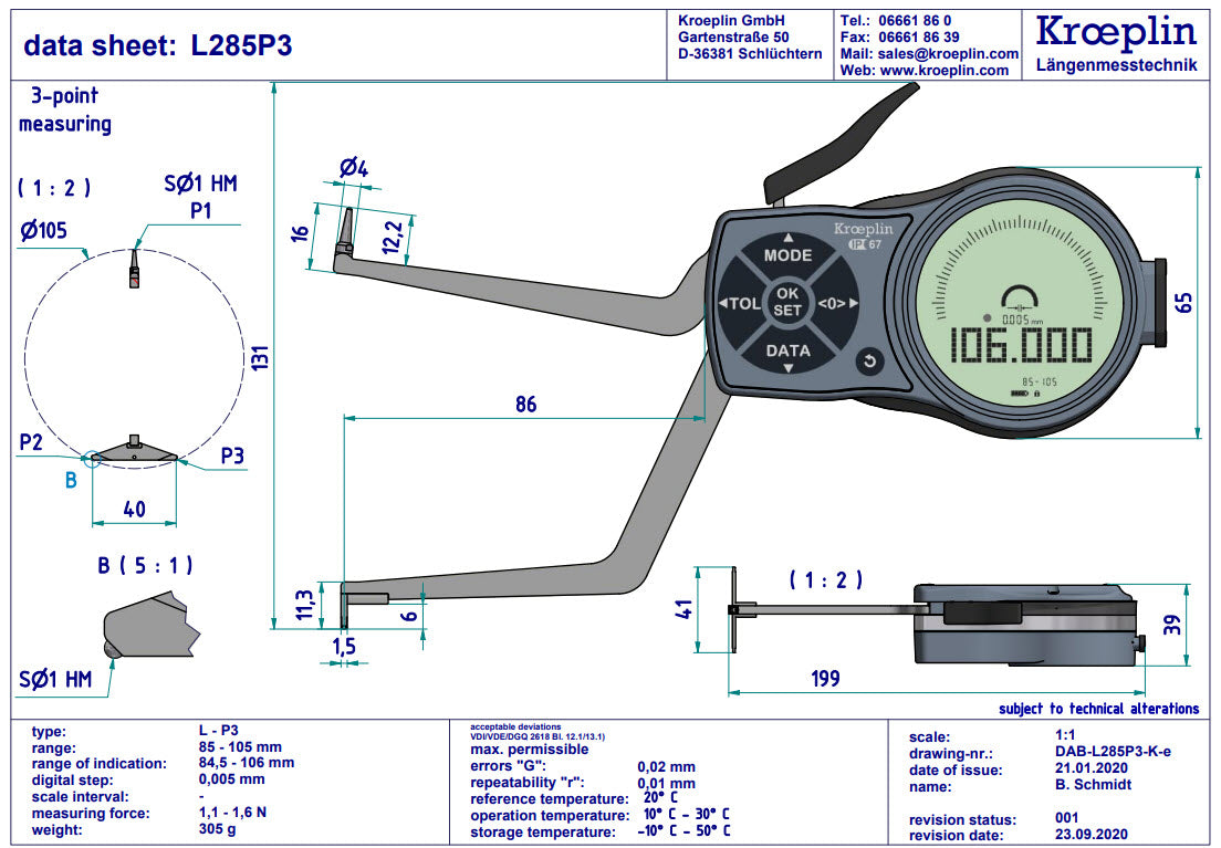 -mm-Digital Internal 3-Point Caliper Gauge 85-105mm/3.35-4.13", 0.001mm/.00005", L285P3