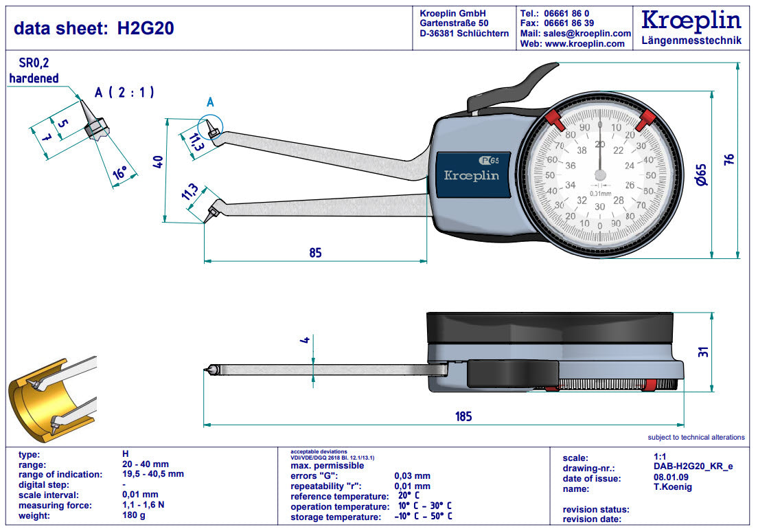 Kroeplin H2G30 mechanical internal measuring gauge  Measuring range 30-50 mm Grad 0,01 mm Measuring depth L max.: 85 mm