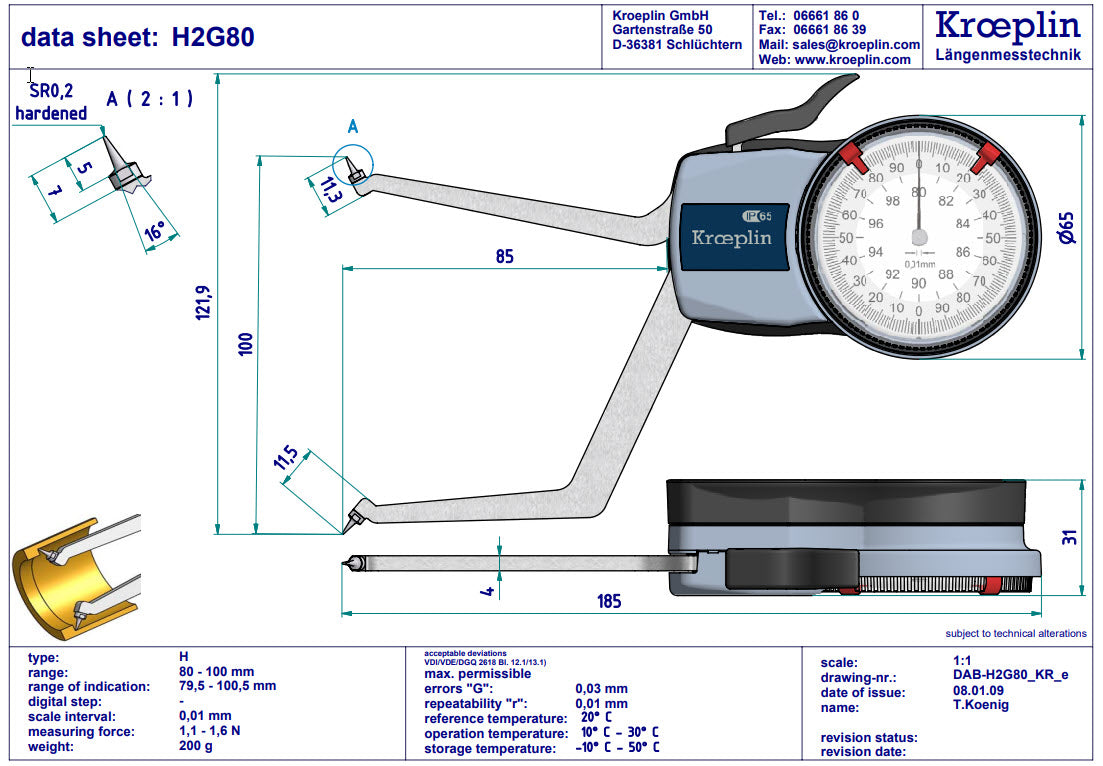 Kroeplin H2G80 mechanical internal measuring gauge  Measuring range 80-100mm Grad 0,01 mm Measuring depth L max.: 85 mm