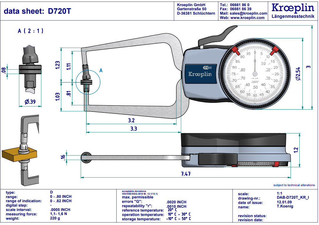 Kroeplin D720T External Dial Caliper 0-0.8″