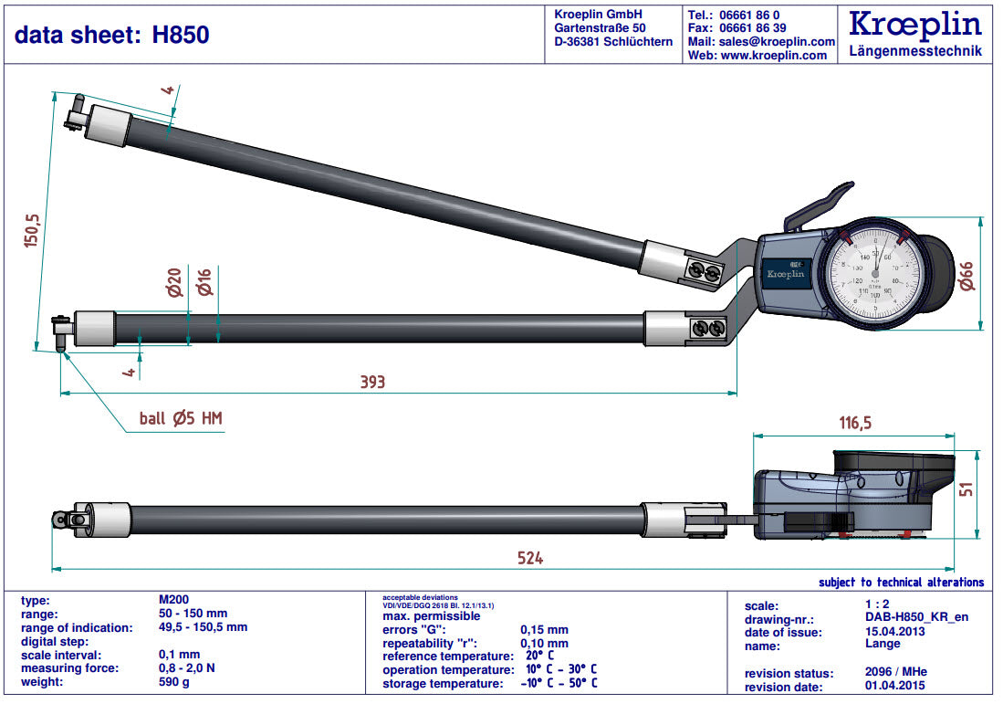 Kroeplin Metric Internal Caliper Gauge 50-150mm, 0.1mm H850
