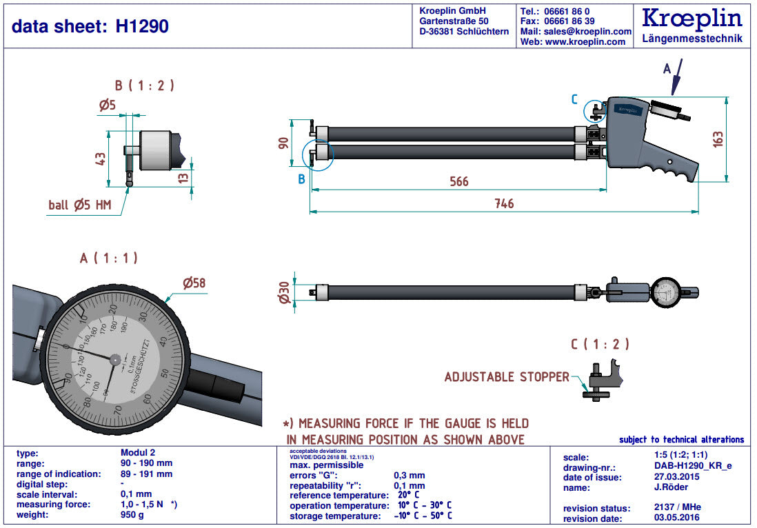 Metric Internal Caliper Gauge 90-190mm, 0.1mm H1290