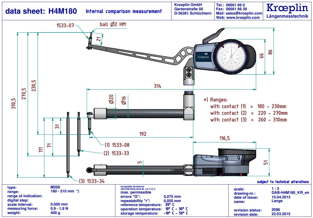 Metric Internal Caliper Gauge 180-310mm, 0.05mm