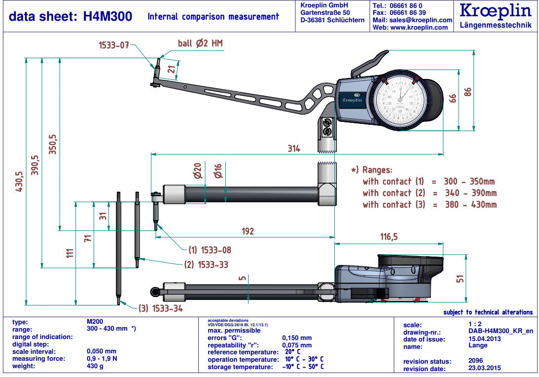 Metric Internal Caliper Gauge 300-430mm, 0.05mm, H4M300