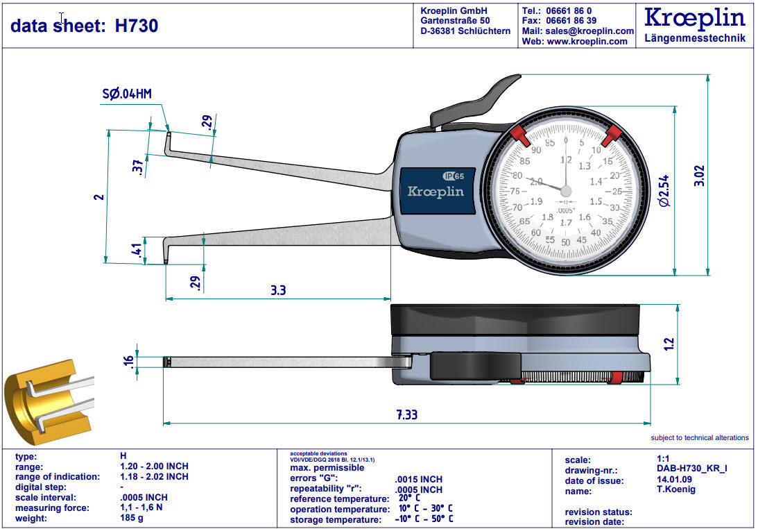 Kroeplin Metric Internal Dial Caliper Gauge 1.2-2.2" .0005" H730