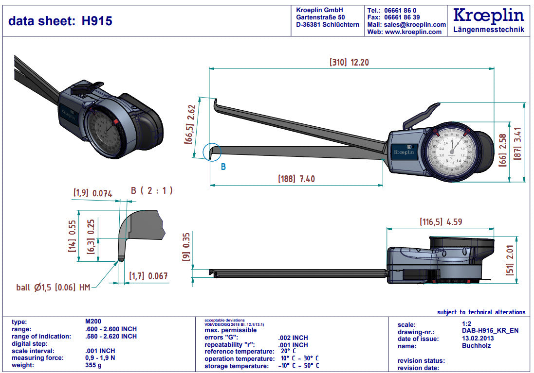 Metric Internal Caliper Gauge 0.6-2.6", Graduation .001", Depth 7.4"