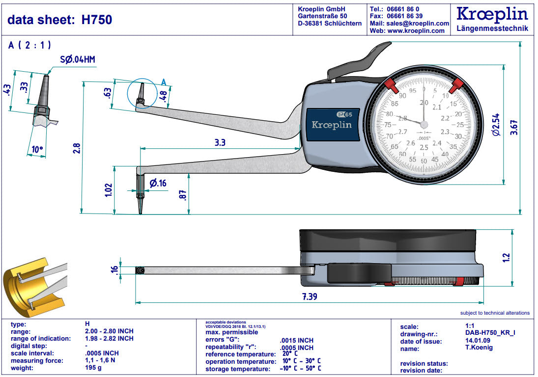 Kroeplin Metric Internal Dial Caliper Gauge 2-2.8" .0005" H750