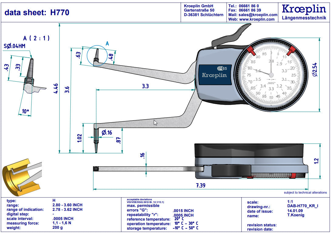 Kroeplin Metric Internal Dial Caliper Gauge 2.8-3.6" .0005" H770