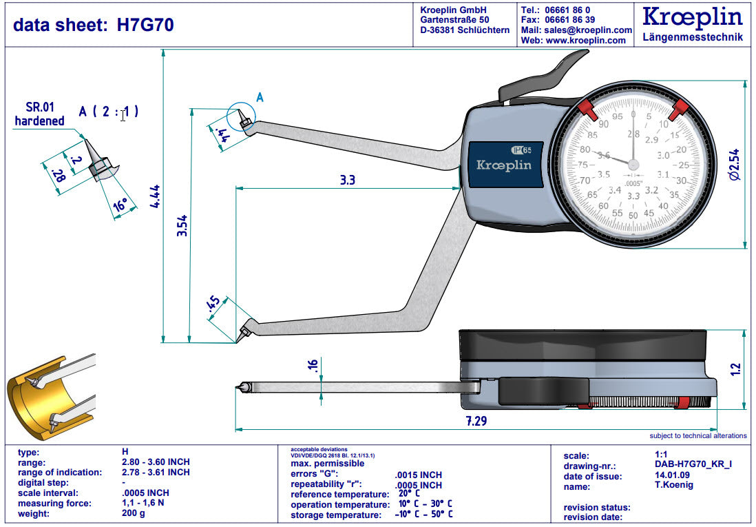 Kroeplin H7G70 mechanical internal measuring gauge  Measuring range 2.8-3.6" Grad .0005" Measuring depth L max.: 3.3"