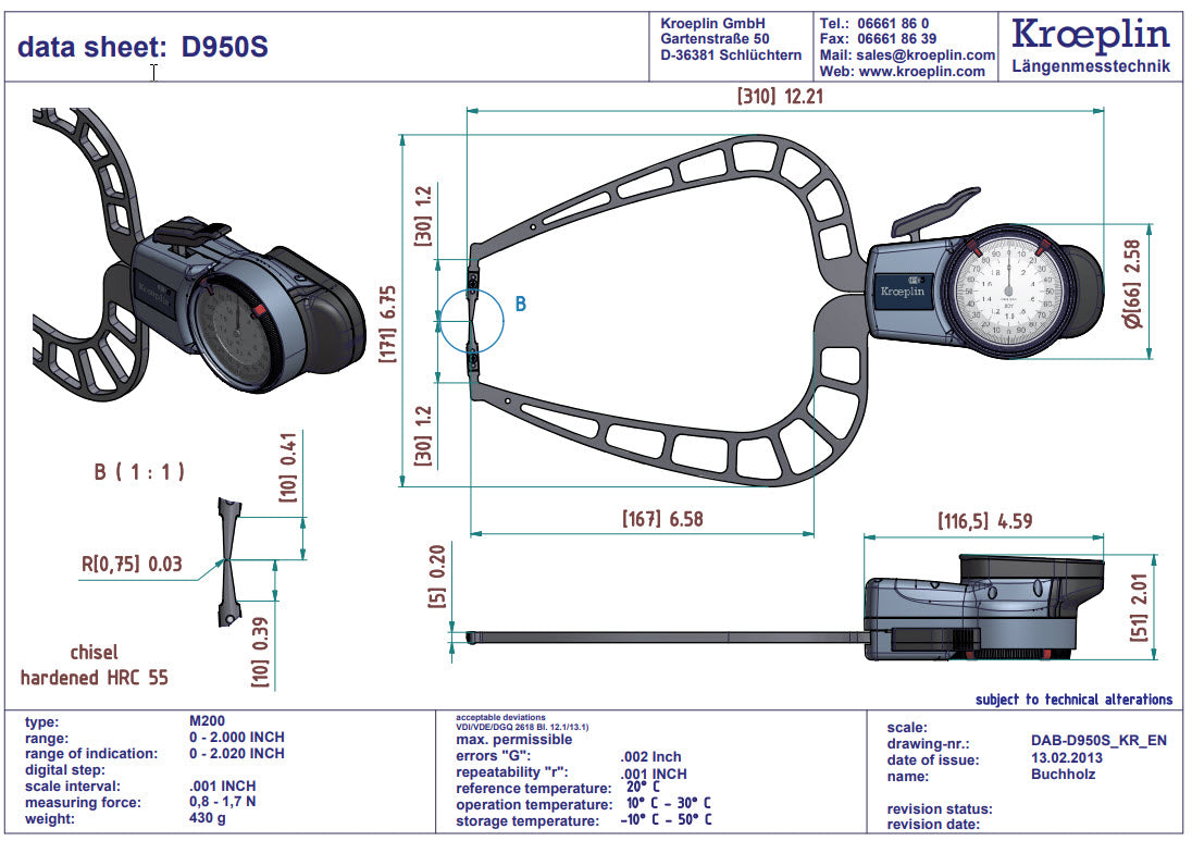 External Dial Caliper Gauge D950S 0-2" grad .001"