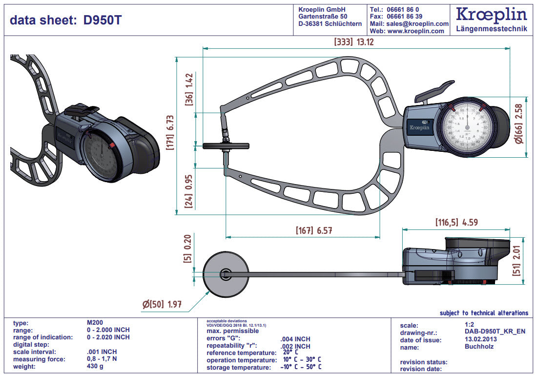 External Dial Caliper Gauge D950T 0-2" grad .001" Flat Discs 1.97"