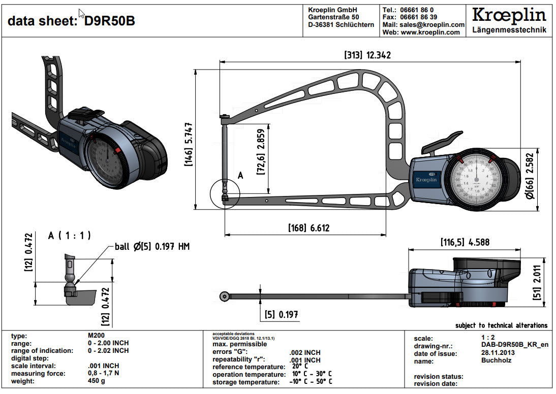 Kroeplin external Dial Caliper Gauge  D9R50B, 0-2"