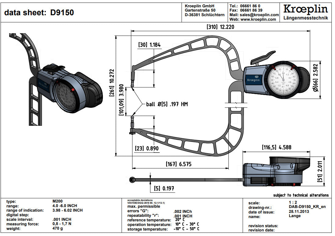 External Dial Caliper Gauge D9150 0-2" grad .001"