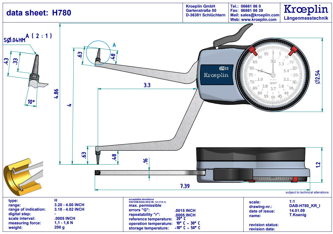 Kroeplin Metric Internal Dial Caliper Gauge 3.2-4" .0005" H780