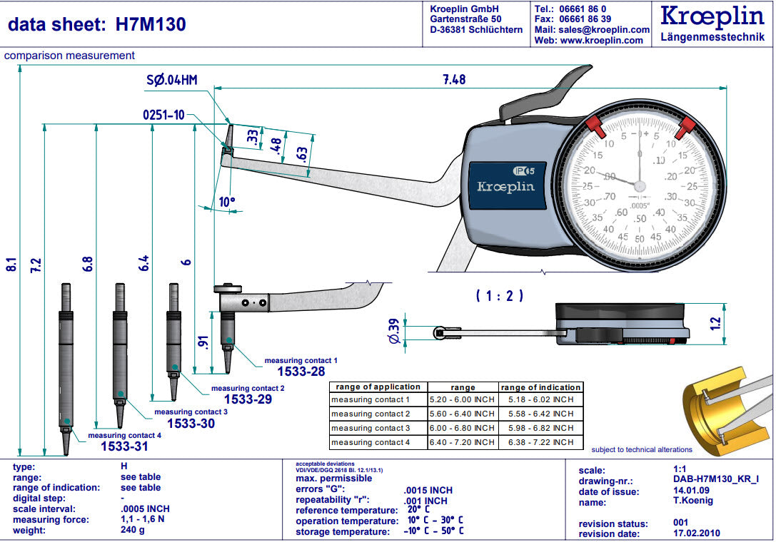 Kroeplin Metric Internal Caliper Gauge 5.2-7.2", .0005" H7M130