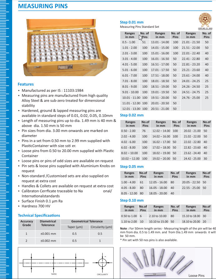 Adita Pin Sets 13-12-008 Precision Pins Accuracy .001mm Steps .01mm Range : 7.01-8.00mm Accuracy : +/-0.001mm Steps : .01mm Number of pins : 100