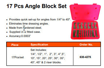 MHC 630-4275 17 Pc. Angle Block Set 1/4°, 1/2°, 1°, 2°, 3°, 4°,5°, 10°, 15°, 20°, 25°, 30°, 35°, 40°, 45° & 2 riser blocks.