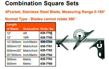 MHC 638-7754 Combination Set 300mm/12", Centre head, Protractor and 12" rule, Graduation: 0.5mm and 1/32" on front face, 1mm and 1/64" on back face, Normal type blades cannot rotate 360 deg