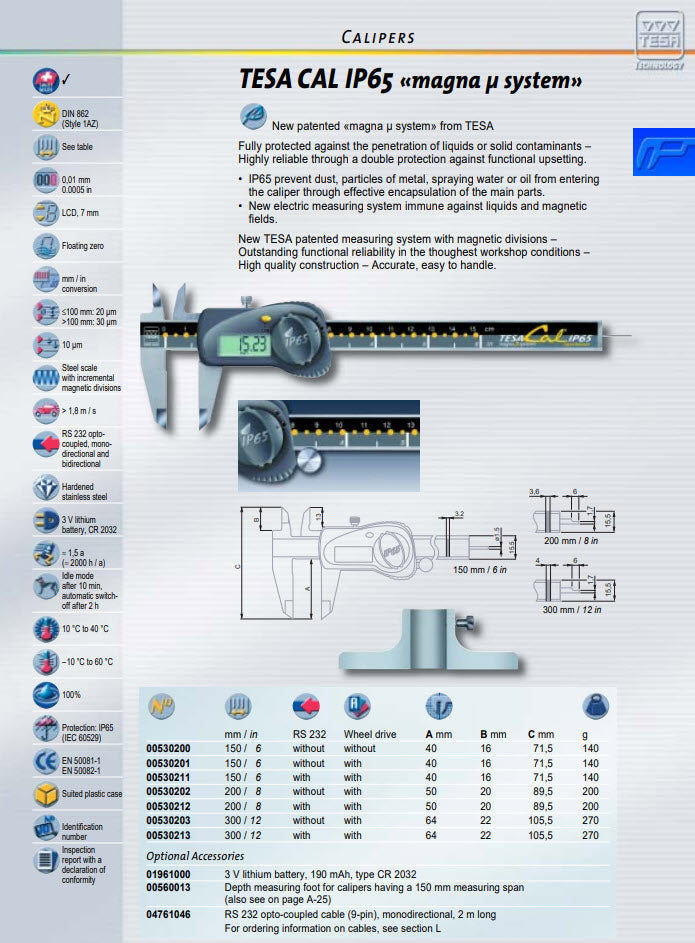 Tesa 8"/200mm Digital Caliper Coolant Proof 00530202, IP65, Rectangular Depth bar, LCD, Battery Powered, No Output. With Thumb Roller