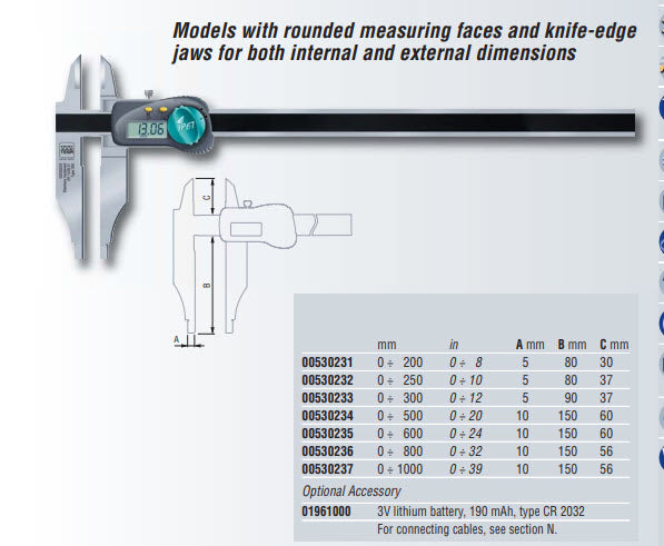 Tesa 00530237 Twin-Cal IP67- Models with rounded measuring faces for internal dimensions and knife edge jaws, 1000mm/40", Resolution 0.01mm/0.0005", IP67 Coolant Proof