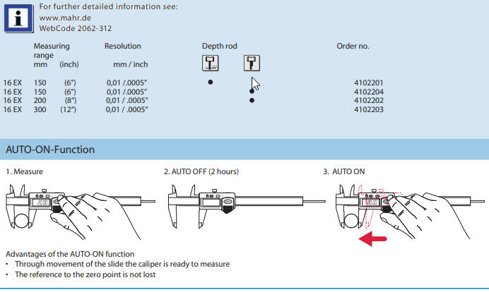 Mahr 4102201 Digital Caliper 16EX Range: 0-150 mm/0-6inch Accuracy: 0.04mm|.002 inch Round depth rod