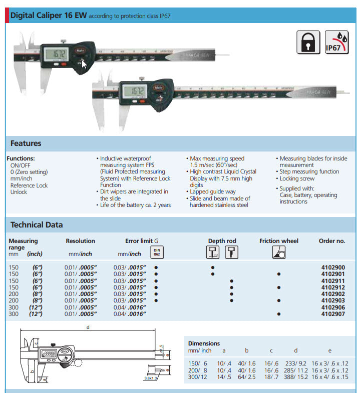 Mahr Digital Caliper, 0-300mm(0-12") IP67 4102906 IP67