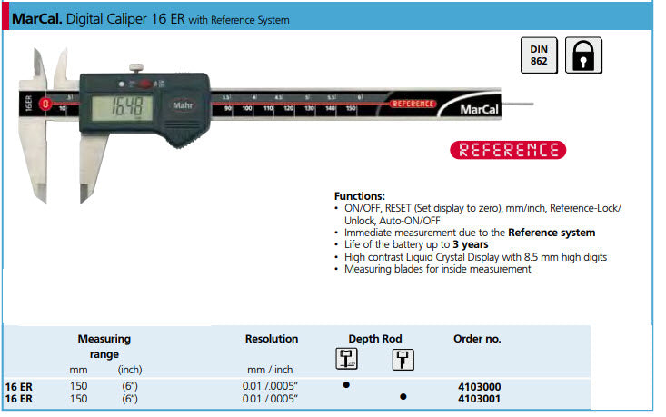 Mahr-Federal Inc. Electronic Digital Calipers, 0-6 In/0-150mm - 4103000, No Output, Round depth rod