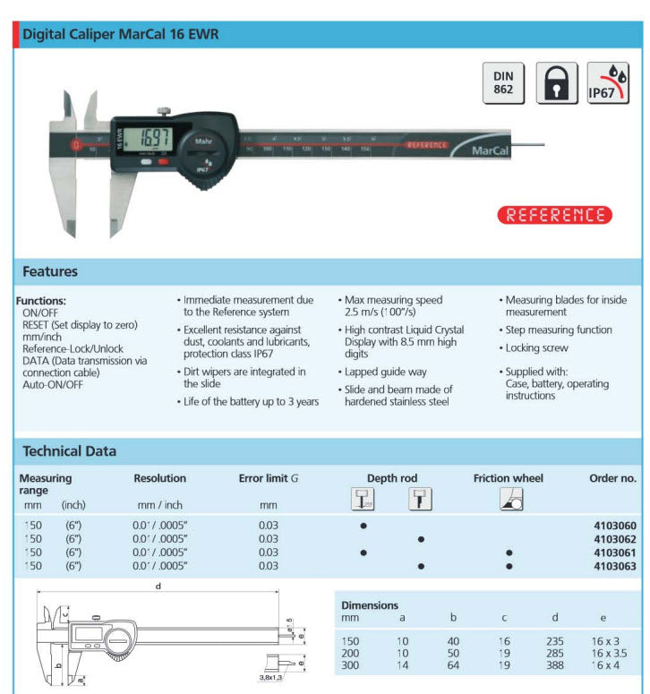 MarCal Digital Caliper 16 EWR  Round Depth Rod (4103060) 0-6"/150mm