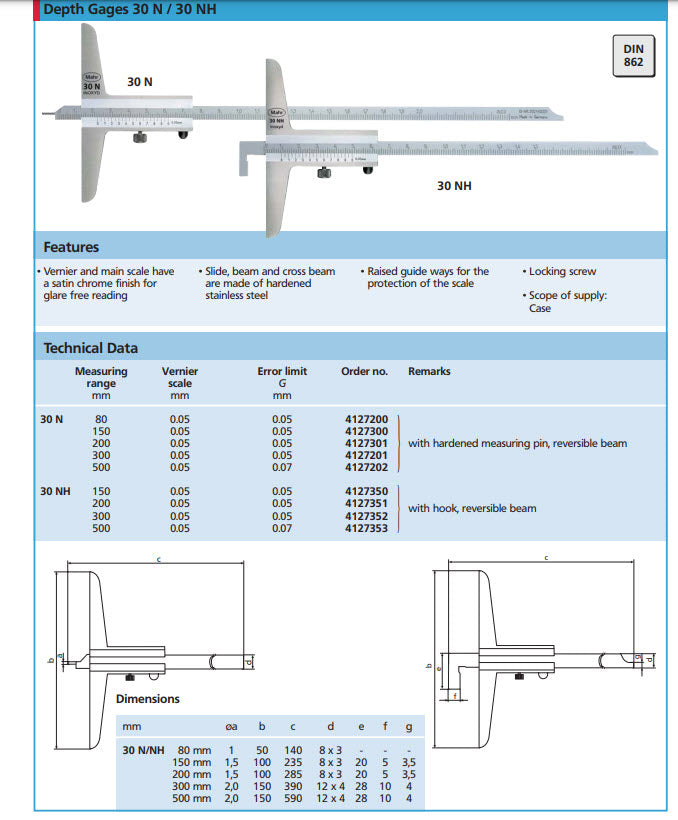 Mahr 4127301 Depth Gauges Mahr Vernier Depth Gauge Standard Graduation: .05mm Model: 30N Range: 200mm Base Length: 100mm