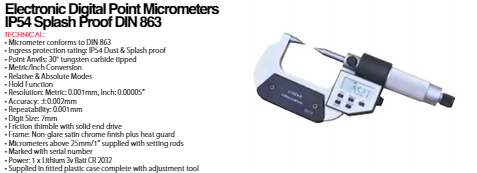 Insize Digital Point 3130-25 Resolution .00005"/.001mm0-25m/0-1" Electronic Digital Point Micrometers IP54 Splash Proof DIN 863